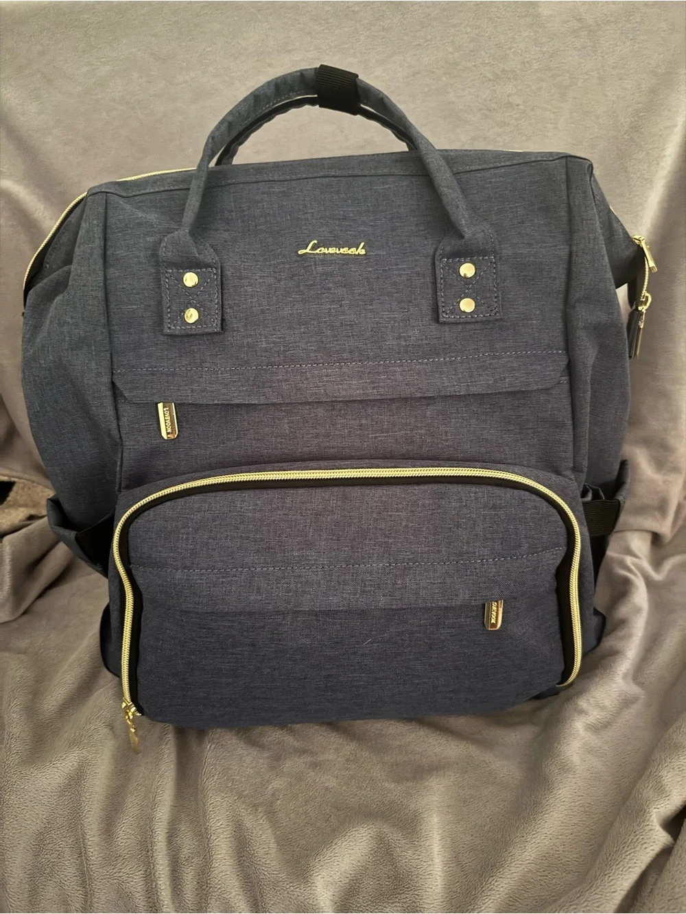 Lovevook Denim Blue Laptop Backpack For Work School or Travel with Gold Accents